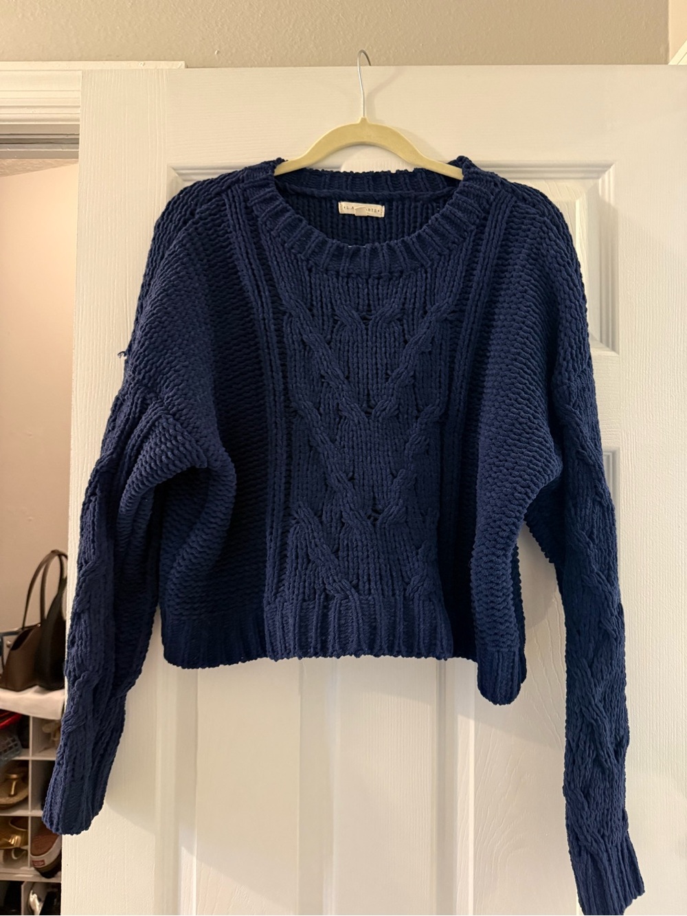 La Hearts Navy Cable Knit Crewneck Sweater